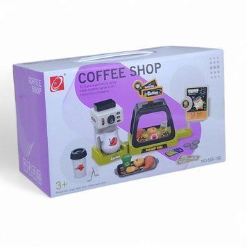 Игровой набор "Кофейня", 41 элемент, звуковые эффекты, кофеварка наливает напиток, витрина со сладостями, сладости, артикул 253384